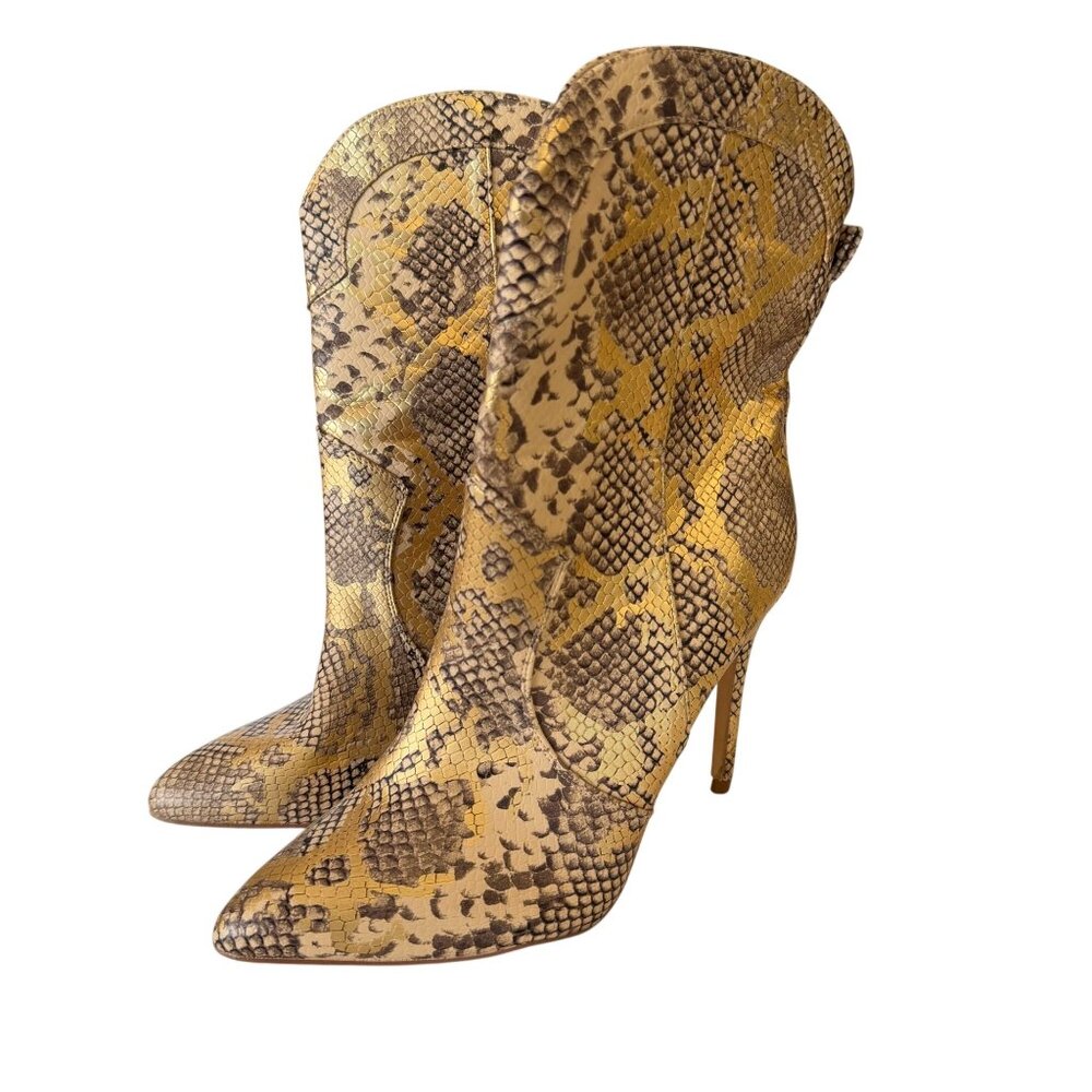 Anne Michelle Snakeskin Print Pointed Ankle Boots 10 High Heel Metallic Gold Tan